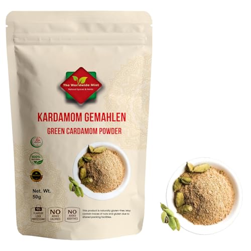 Kardamom gemahlen 50g | Grüner Kardamom Pulver Premium Qualität | Gemahlener Kardamom für Chai Tee Kaffee & Backen | 100% Naturrein | Hari Elaichi | Vegan Glutenfrei & Ohne Zusätze |Cardamom Powder