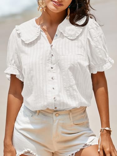 Tankaneo Womens Puff Sleeve Shirts Peter Pan Collar Button Down Cotton Blouse Casual Summer Textured Tops2