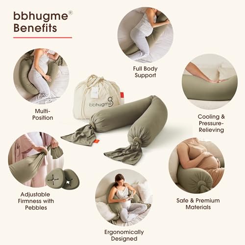 Image of bbhugme Pregnancy Pillow, Dusty Olive - Adjustable Firmness & Shape - Full Body Support for Side Sleeping - Supports Back, Legs, Belly, Hips - Removable Cooling Cover for Pregnant Women