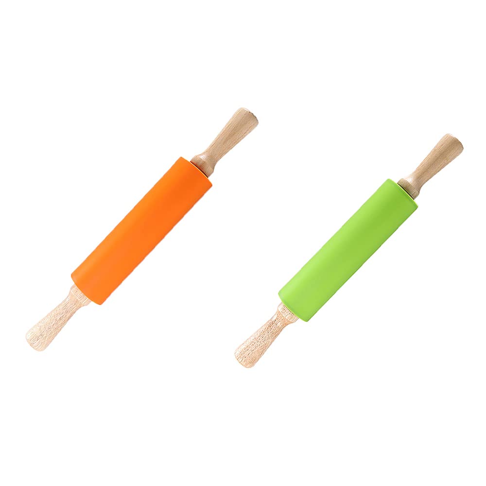 Rodillo de silicona para cocina, rodillo de masa liso antiadherente grande de madera para galletas en relieve giratorio para uso en la cocina, hornear, niños (verde + naranja)