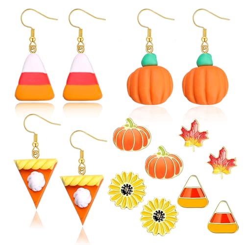 Fall Earrings for Women Thanksgiving Earring 7 Pairs Candy Corn Pumpkin Pie Leaf Sunflower Earrings Lightweight Autumn Jewelry Thanksgiving Gift