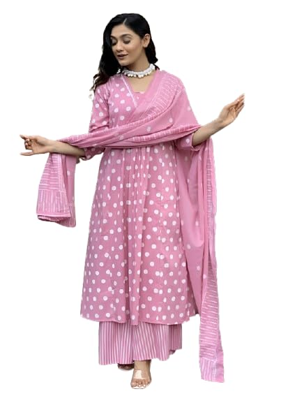 Image of Pinkmint Polka Dot Printed Anarkali Muslin Kurta Set with Striped Palazzo & Dupatta Set for Women Elgant Festive & Casual wear