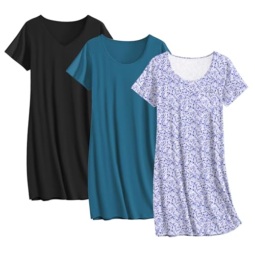 Ekouaer Cotton Nightgowns for Women 3 Pack Sleepshirts Short Sleeve Night Shirt Tshirt Night Gown Soft Sleepwear Print Sleep Dress Dark Blue/Black/Purple Floral X-Large