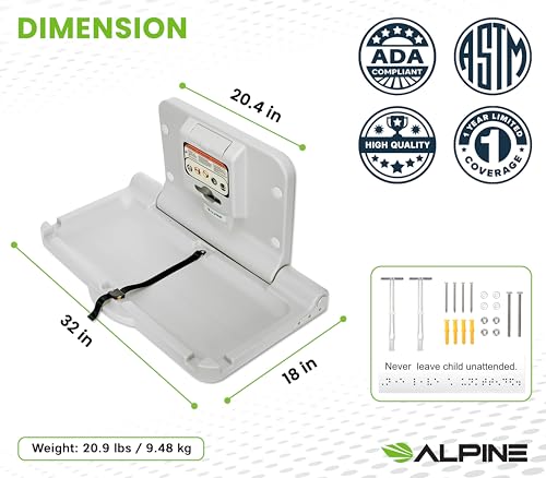 Alpine Wall Mounted Baby Changing Station - Horizontal Baby Changing Table Foldable Diaper Tables with Safety Strap for Commercial Bathroom, ADA Complaint (Hardware Included) White Gray