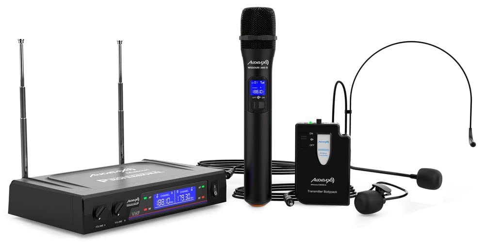 Audibax - Missouri 3000 - podwójny profesjonalny mikrofon radiowy - zestaw z 1 mikrofonem ręcznym i 1 pakietem paska na głowę/szyję - zasięg 80 metrów - włącznik/wyłącznik - baterie AA