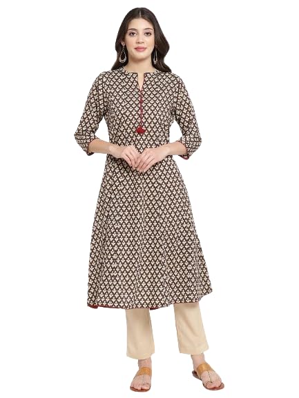 SAVI Beige and Black Cotton Printed Flared Kurta