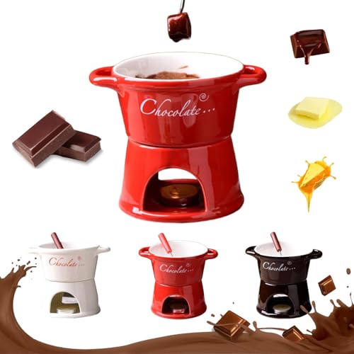Sweet Fondue Cup, Chocolate Fondue Melt Mug Warmer with Fork, Ceramic Nostalgia Cheese Fondue Pot for Melting Chocolate, Cheese, Caramel Mini Fondue Set for Camping, Office, Family Gathering (Red)