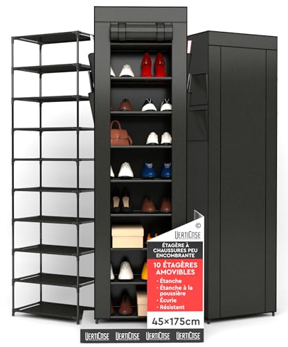 Étagère à Chaussures en Tissu à 10 Niveaux Noire 45x175x28cm - Rangement Chaussure Étanche Verticale avec Couverture Anti-Poussière - pour Chaussures de...