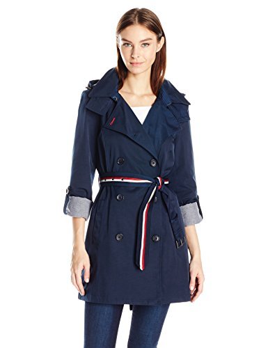 Tommy Hilfiger Women's Double Breasted Coatorak' (Trench Coat/Anorak Jacket) w/Removable Hood, Navy, Small
