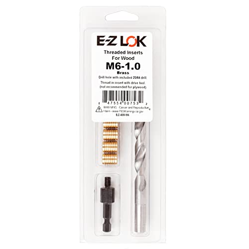 E-Z LOK 400-M6 Threaded Inserts for Wood, Installation Kit, Brass, Includes M6-1.0 Knife Thread Inserts (6), Drill, Installation Tool