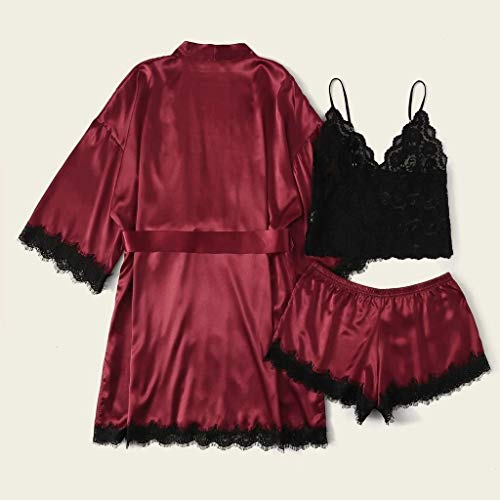 Conjunto de pijama feminino AxiBa de cetim de seda com 3 peças, camisola sexy, Vinho, S
