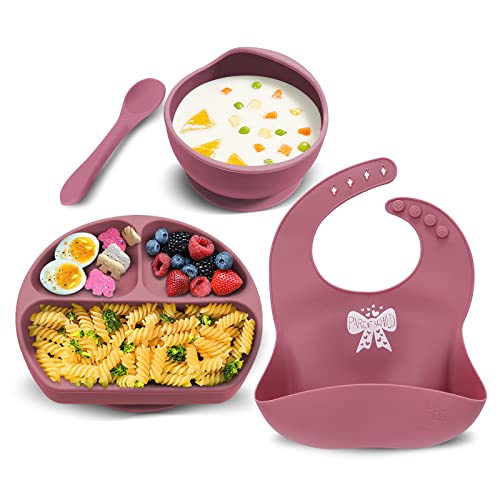 Baby Geschirrset 4er Set Kinder Teller mit Saugnapf Silikon Schüssel Rutschfest Lätzchen Löffel BPA-frei Kindergeschirr Set für Kleinkinder Mädchen, Spülmaschinenfest, Kirsche Cover