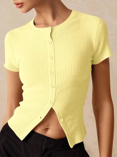 Image of Imily Bela Womens Short Sleeve Sweater Tops Summer Button Down Casual Ribbed Knit Slim Fit Cropped Cardigan Shirts