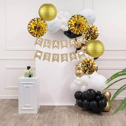 Image of Gold Graduation Party Decoration Class Banner Hanging Pom Poms Flowers High School College Grad Supplies