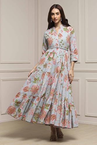 Image of Biba Women's Cotton 3 /4 Sleeves Calf Length Band Collar A-Line Floral Printed Casual Dress