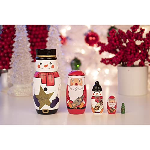 Clever Creations 5 Pcs Handmade Wooden Russian Matryoshka Nesting Dolls Set, Traditional Christmas Home Decoration, Snowman #TOP4