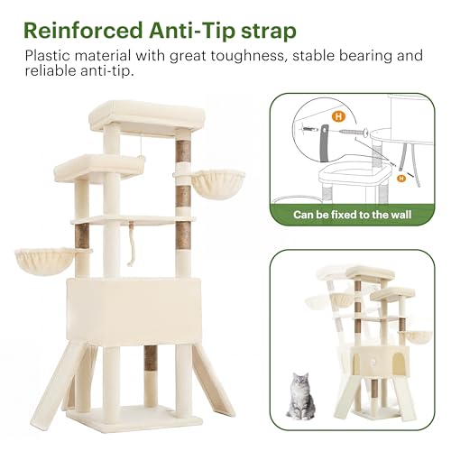 Torre para gatos Vibrissia 68 pulgadas beige con dos plataformas grandes miniatura 5