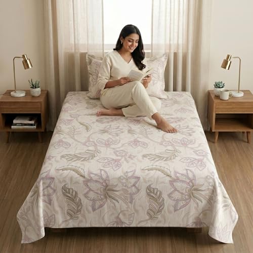 Image of Mafatlal 186 TC Metro Cotton Single Bedsheet | 90 x 60 Inch | Soft Daily Use Bedding with Pillow Cover | Printed Cotton Bedsheet | Peach Blossom