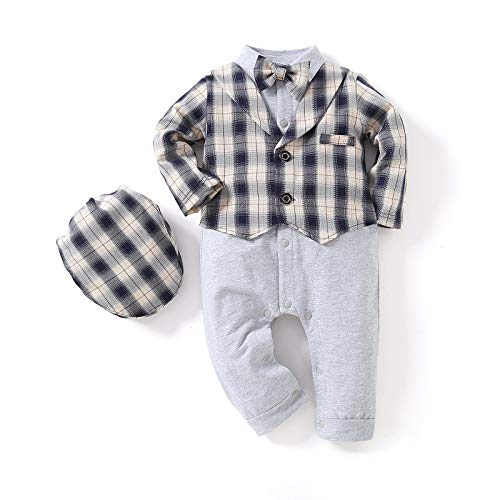 Kgurtagh Baby Boy Suit Outfit, Long Sleeve One-Piece Romper with Beret and Bow Tie, Infant Boy Gentleman Outfits for Formal Wear, Baby Boy Dressy Clothes (3pc, 0-24 Months)