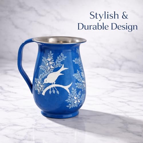Image of iHandikart Handpainted Stainless Steel Water Jug| Decorative Steel Pitcher for Water, Juice & Milk | Floral Design Serving Jug for Kitchen, Dining & Home Decor | 8 x 6 Inch Multicolor