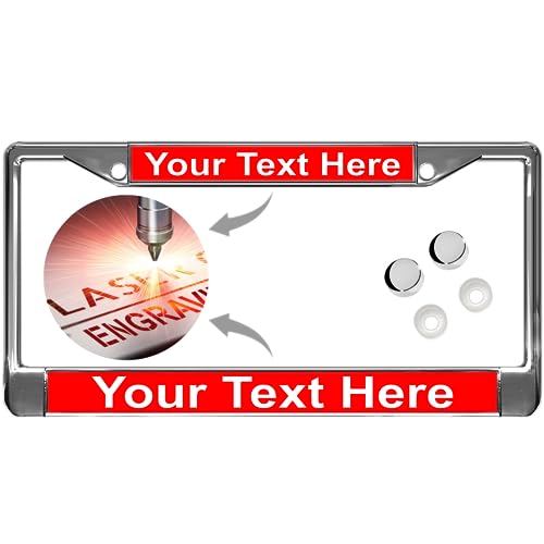 Image of Custom Personalized Chrome-Plated Metal Laser Engraved Standard Size - Car /Automobile License Plate Frame with Free caps - Red /White Text (Qty: 1 Frame)