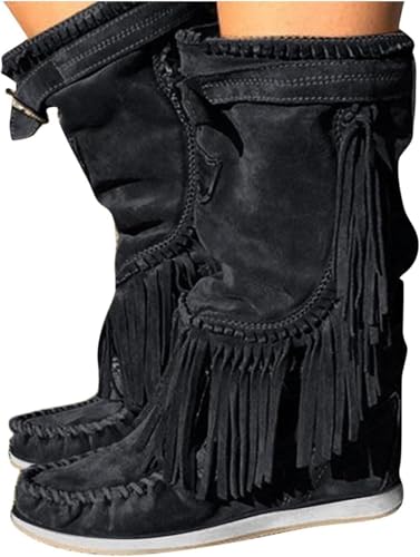 Fringe Knee High Boots for Women Winter Faux Suede Round Toe Warm Flat Cowgirl Booties Vintage Mid Calf Riding Boot