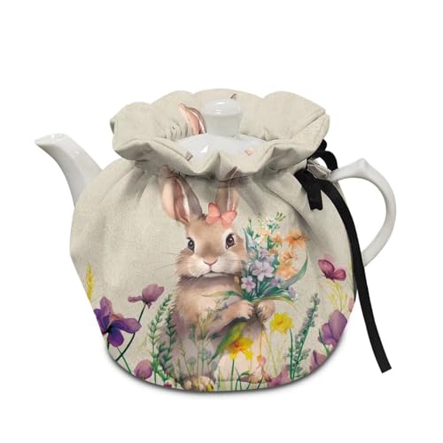 Talayituse Rabbit Flower Butterfly Print Tea Cozies, Cotton Teapot Dust Cover Tea Cosy Easter Decoration, Kitchen Home Decorative Tea Pots Cozy with Insulation Pad for Housewife Friend Mom