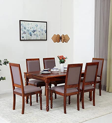 Image of JEENWOOD Wooden Dining Table 6 Seater | Solid Wood Dining Table with Chairs | Sheesham Wood | Dining Table and 6 Chairs | Home & Dining Room Furniture | Grey Cushion| Natural Teak Finish