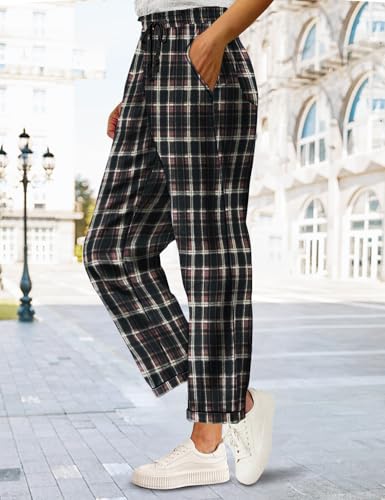 YESNO Women's Casual Straight Leg Pants Fall Drawstring Elastic High Waist Woolen Tapered Trousers with Pockets PWT2