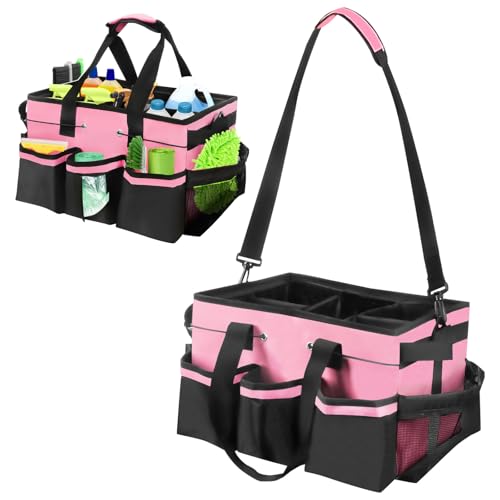 Clyfanesy 清掃用品収納バッグ 作業用バッグ 多機能ポケット 防水清掃トートバッグ 2way コンパクト設計 ショルダーストラップ付き 取り外し可能な仕切り付き掃除道具 ツールバッグ 業務用 バッグ 小物入れ 高耐久 クリーニングキャディバッグ Cleaning Caddy Bag (ピンク)