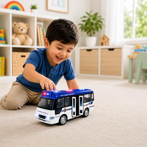 Image of PLUSPOINT Police Bus for Kids Friction Toy with Lights Sounds Push and Go Rescue with Door Open Simulation Toy Vehicle for Kids SWAT Bus Pretend Play Cop Toy for Boy Girl Toddlers