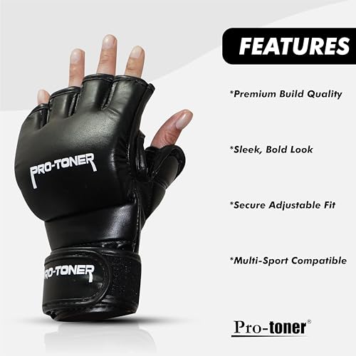 Image of Protoner Martial Arts Training Gloves - MMA Kickboxing Grappling Gloves with Thich Pad | All in One Kickboxing,Boxing, Street Fight, Mitts | (MMA Black)