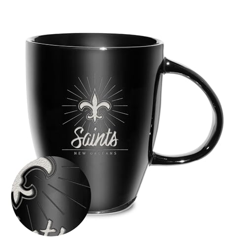 Rico Industries NFL Football New Orleans Saints Sunburst Black 18oz Laser Engraved Ceramic Lustre Mug