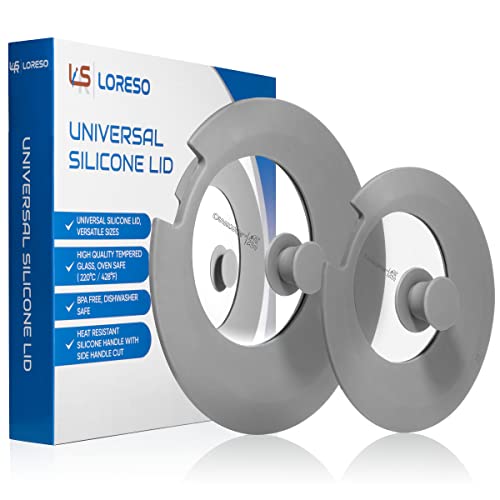 Loreso Silicone Glass Lid For Pots & Pans, Grey Pack Of Two - Universal Lid For Pots Pans & Skillet 6 To 11 Inches With Removable Side Handle, Tempered Glass Lid With Side Handle Cut, Food Safe Silicone, Cool Touch Handle And Dishwasher Safe #TOP2