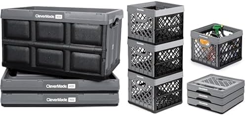 CleverMade Collapsible Storage Bin 100% Recycled - 62L - Stone 3PK and Collapsible Milk Crate Recycled - 25L - Stone 3PK Bundle