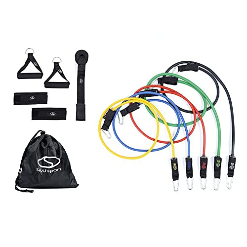 SMJ Sport Lot de 5 bandes de résistance pour le développement musculaire avec ancre de porte, sangles pour les pieds et poignées | Bandes élastiques pour le renforcement et l'entraînement Cover