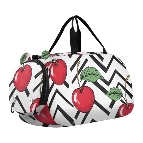 Kids Sports Duffel Bag for Boys & Girls - Cherry Fruit Chevron 100% Polyester Gym Bag with Separate Shoe Compartment, Adjustable Shoulder Strap, Compact Travel & Workout Gear Bag