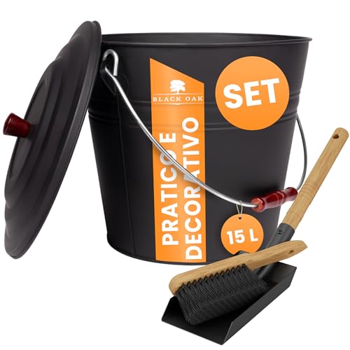BLACK OAK Katla - Secchio per cenere da 15 l, con coperchio grande, 15 litri, in acciaio zincato a prova di fuoco, verniciato a polvere, cenere e carbone, accessorio ideale per stufa a legna