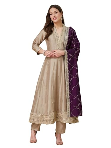 DREAMANGEL FASHION Womens Traditional Silk Floral Embroidered Anarkali Kurta Set with Pant and Dupatta (US, Alpha, X-Large, Regular, Regular, Grey)