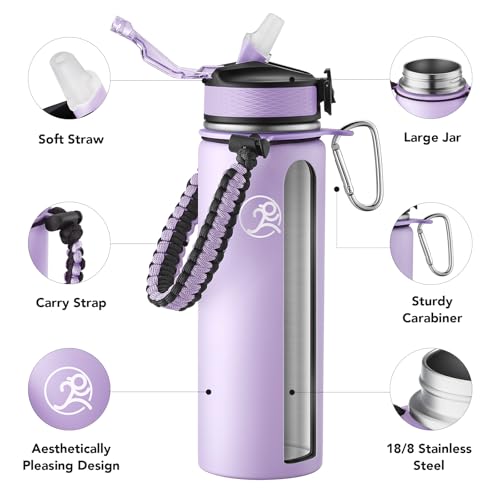 Image of GOSWAG 24oz Insulated Stainless Steel Travel Water Bottle, 2 Lids | with straw and no straw, Paracord handle, Double-wall vacuum keeps drinks cold or hot, Leakproof tumbler