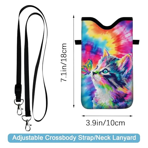 Image of Neoprene Cell Phone Sleeve Pouch Case Bag with Crossbody Strap Neck Lanyard for Women 7.1 X 3.9 in Tie Dye Cat