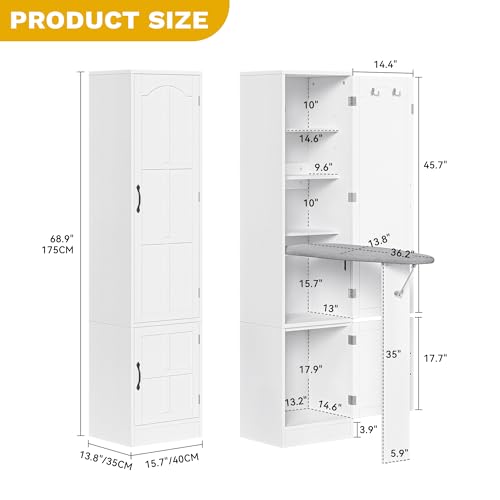 DWVO Storage Cabinet with Ironing Board, Flip-top Ironing Board Cabinet with Storage, Adjustable Shelves, Ironing Supplies Organizer for Laundry, Bedroom