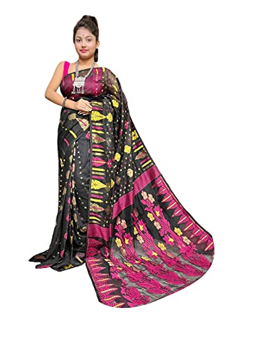 Sari Dhakai Jamdani coton indien femme musulmane robe noire 5.5m