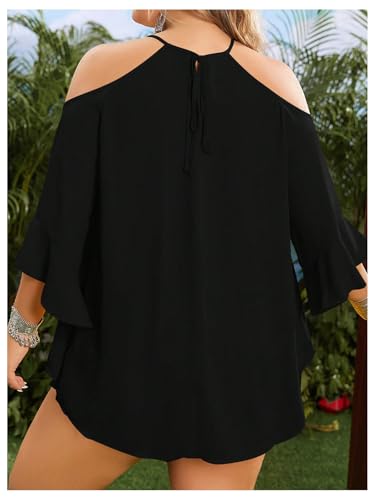 Verdusa Women's Plus Size Boho Chic Cold Shoulder Halter Going Out Tops Tunic Shirts Concert Tops2