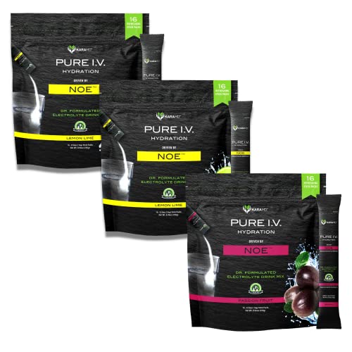 Karamd Pure I.v. - Doctor Formulated Electrolyte Powder Drink Mix 3 Bag Bundle – Refreshing & Delicious Hydrating Packets With Vitamins & Minerals – 2 Lemon Lime & 1 Passion Fruit Bag (48 Sticks) #TOP9