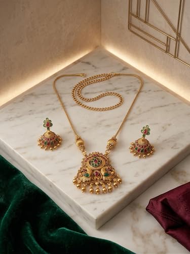 Image of Traditional Gold-Plated Lakshmi Temple Pendant Necklace Set for Women | Antique South Indian Jewelry with Jhumka Earrings | Ethnic Bridal, Wedding & Festive Jewelry Set