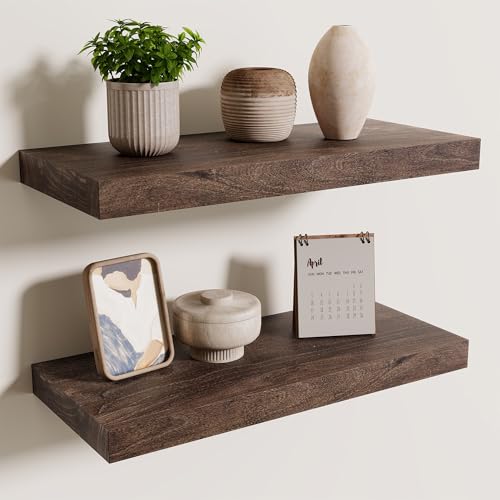Image of Floating Shelves for Wall, 18in Rustic Solid Elm Wood Shelves, Walnut, 2PCs