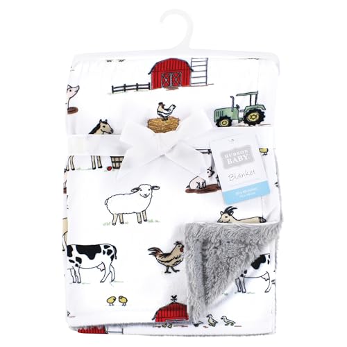 Image of Hudson Baby Unisex Baby Plush Blanket with Furry Binding and Back, Farm, One Size