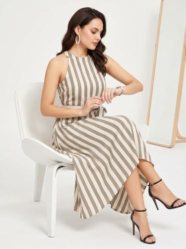 Image of Women Fit & Flare High Low Midi Dress | Sleeveless Round Neck One Piece Dress with Waist Tie Detail | Flowy Western Dress for Party and Casual Styling