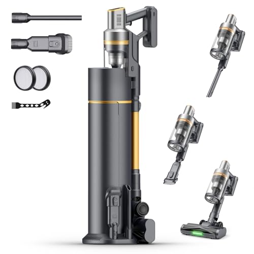 Akku Staubsauger mit station, 650W/65000Pa/75Min, Laufzeit Staubsauger Kabellos mit LED Display und Ladestation, Selbststehender Akkusauger mit Antitanglebürste für Teppich, Hartboden und Tierhaare